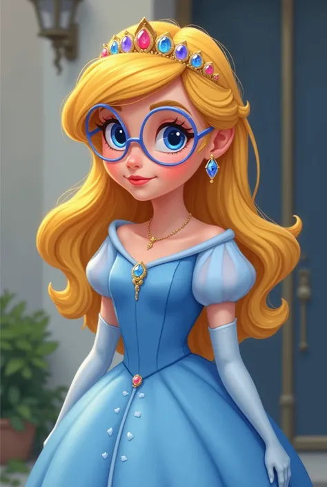 Personnage disney princesse dune fille avec des lunettes qui ce tiens debout avec une robe bleu claire blonde chatin  cheveux mi long avec des tournesols derriere elle un chateau cheveux boucler elle sourie avec un noeud rose au tour de la taille avec une ...