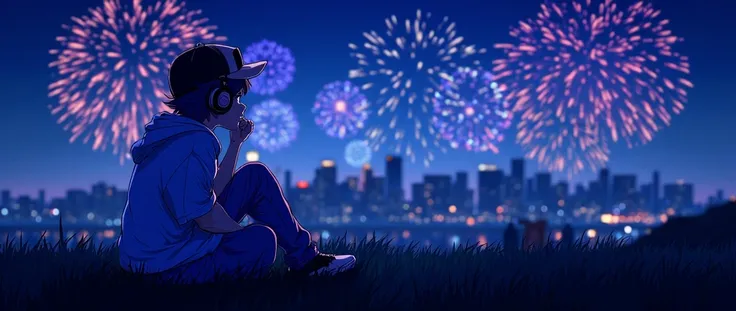 "Create an anime-style image of a character dressed in hip hop attire, sitting on the grass at night, wearing headphones and gazing at a distant city illuminated by vibrant New Year fireworks. The character exudes a nostalgic and introspective vibe, with t...