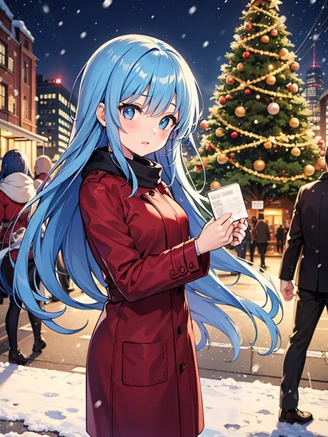 City, its snowing ,night, Christmas, blue haired girl, blue eyes,long sleeve coat, Proximity Method