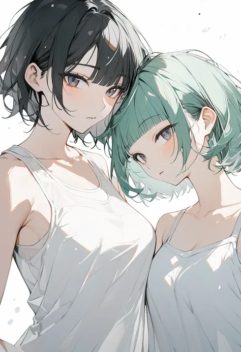 (( 2 women )),Couple shot,Woman A ( black hair long, with bangs, white tank top,Taiwanese, sportswear ),,,,,Female B( green hair short hair , white dress), empty background,White background