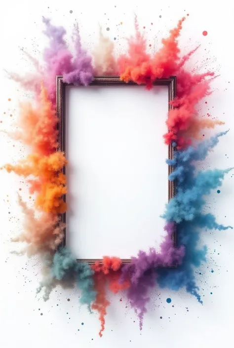 A frame in the middle of an explosion of dust, colors, colors not too striking, white background 