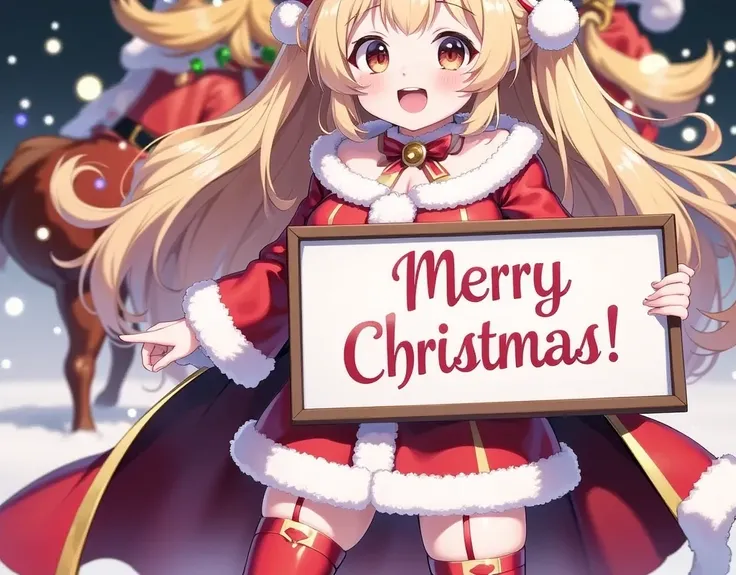 Smiling girl holding a board display , letters on the board "Merry Christmas",anime, santa costume