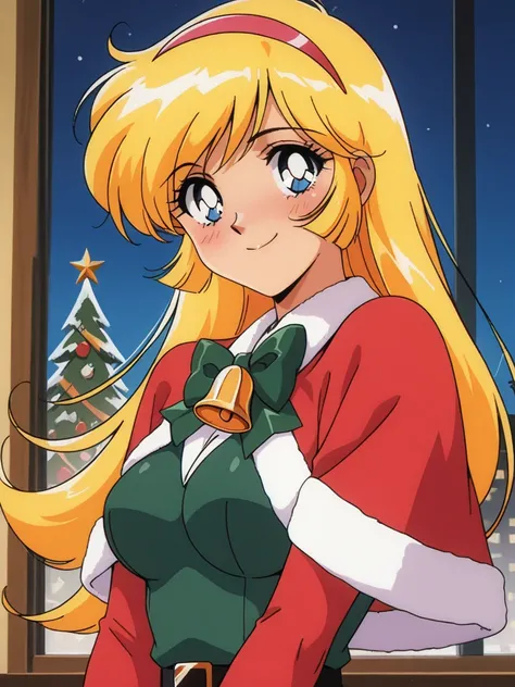 masterpiece, best quality, KisaragiHoney, 1girl, solo, blonde hair, long hair, blue eyes, medium breasts, hairband, retro artstyle, anime coloring, smile, happy, blush, santa, Red Cloak and Bells, xmas, xmas party, cinematic angle,