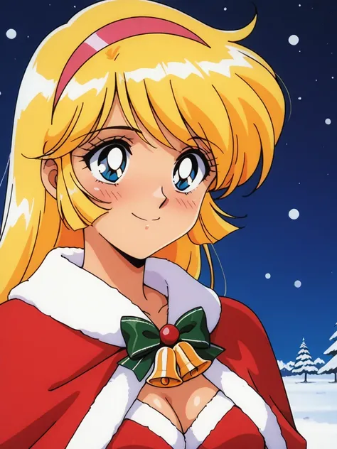 masterpiece, best quality, KisaragiHoney, 1girl, solo, blonde hair, long hair, blue eyes, medium breasts, hairband, retro artstyle, anime coloring, smile, happy, blush, santa, Red Cloak and Bells, xmas, xmas party, cinematic angle,