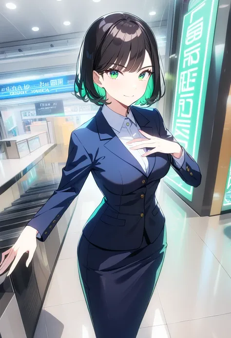 1girl, 8k, anime style, professional saleslady, tall slender figure, medium breasts, neat short hair, black hair, bright green eyes, retail uniform, mall shop background, welcoming pose, high quality, detailed, cool colors, (friendly demeanor:1.3), (busine...