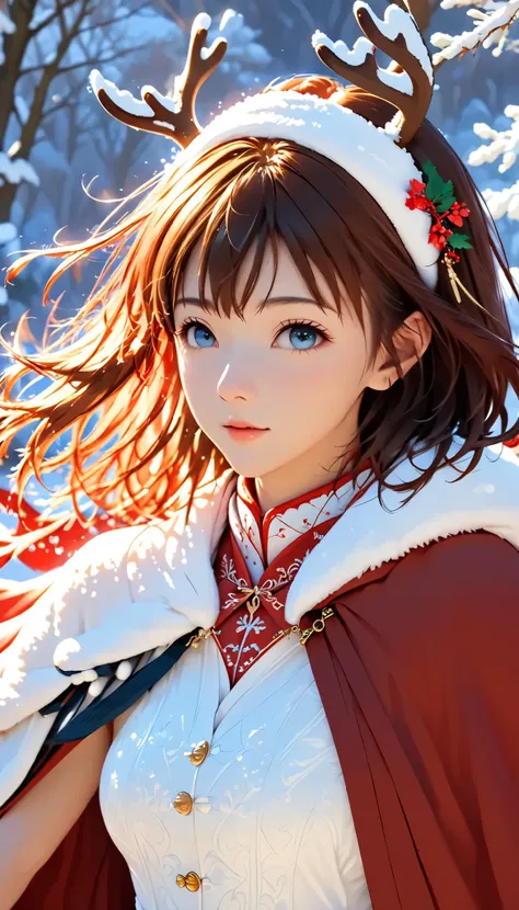 realistic photos odebt (1 cute Korean actress )  shoulder-length hair , light makeup, ,(natural breasts:1.2), (Uplifted and well-defined bust:1.2), ,  With the coat on  ,  (Red Cloak:1.5), (Red Bell on neck:1.5), reindeer antler headband, In the snow, clea...