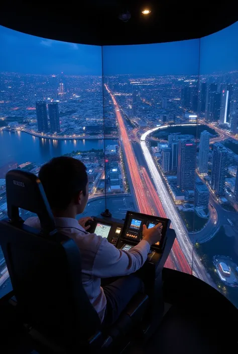  atmosphere inside the simulator games , displaying a visualization of flying in a jakarta city area full of video light bulbs tron , I was in the wheelhouse of the simulator . touched the hologram button """ With the touch of my finger on the hologram but...