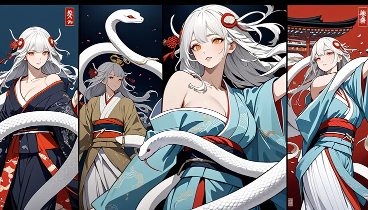 zodiac（snake）Personification of, White Snake, kimono（white）, Kimono remade wide pants, Casual upper body(Bleaching、bandage）, Flutter your coat and dance gracefully, Close up of them performing acrobatically, A celestial maiden dancing on the Noh stage,  ve...