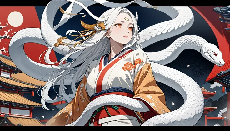 zodiac（snake）Personification of, White Snake, kimono（white）, Kimono remade wide pants, Casual upper body(Bleaching、bandage）, Flutter your coat and dance gracefully, Close up of them performing acrobatically, A celestial maiden dancing on the Noh stage,  ve...