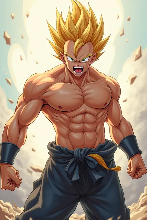 anime boy, large, blond pointed hair ,relatively muscular ,without shirt ,  not as strongly defined muscles,  open mouth,  view into his mouth 