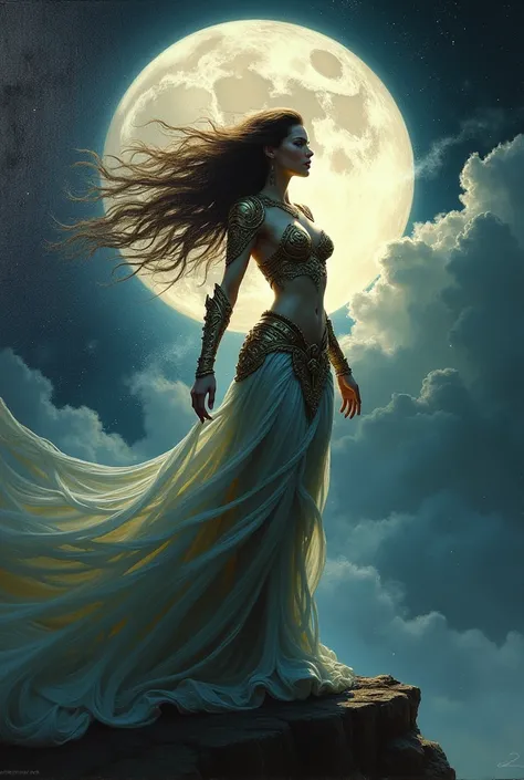 oil painting by Frank Frazetta。Beautiful and strong goddess of the Moon