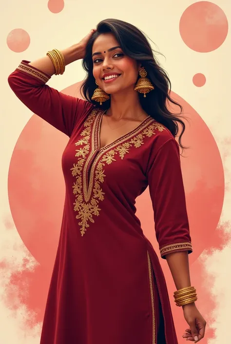 **Prompt:**  

"Create a highly detailed digital illustration of a confident woman in a traditional outfit with a vibrant maroon kurta adorned with intricate golden embroidery. She is striking a playful yet graceful pose with one arm raised horizontally an...