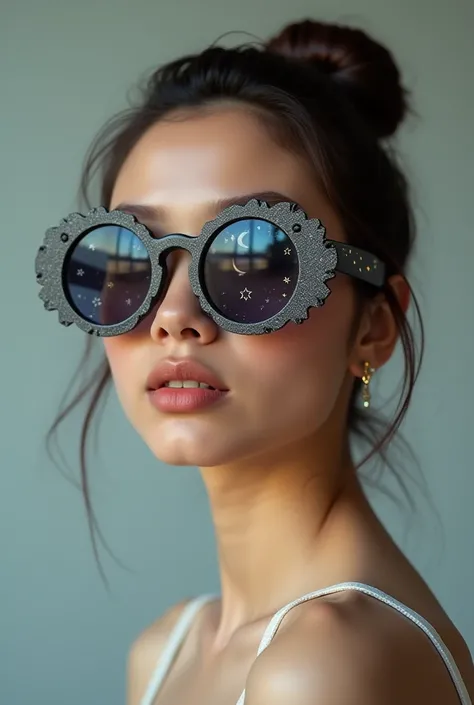 The model is wearing glass sunglasses with stars and the moon on the glass