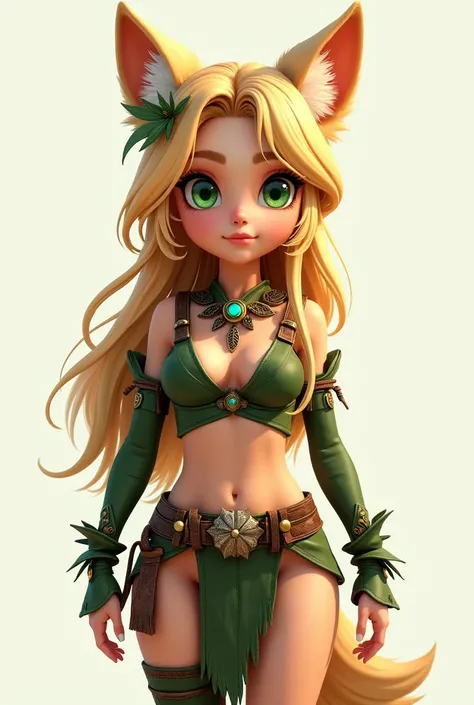 3D Real cartoon art, whole body , whole feet , a young anime druid girl, 51 ft, delicade face, pretty face, small nose, wet lips, very loose blonde hair, large expressive emerald green eyes, blonde wolf ears and tail, soft fair skin, (large head:1.6), smal...