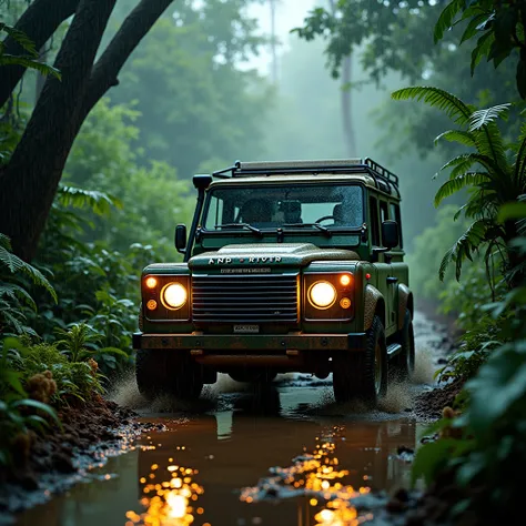  1990 Land Rover Defender 90 makes its way through the impenetrable jungle forests, a torrential tropical downpour 