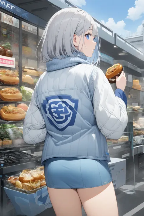  1 girl,  , Grey Hair,  blue eyes,  shortcuts,  Miniskirt goal time, Food,  back view, 