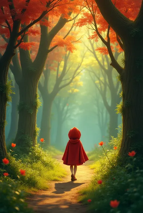 Little Red Riding Hood walking through the forest among large, colorful trees 