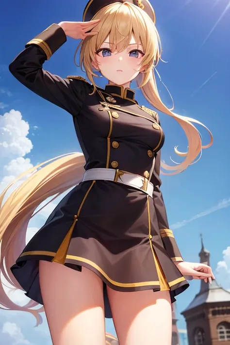 ( top quality )、(masterpiece)、( super high res)、 girl 、 standing、 angle from below、Blonde、( ponytail)、 military uniform、 miniskirt、 boots