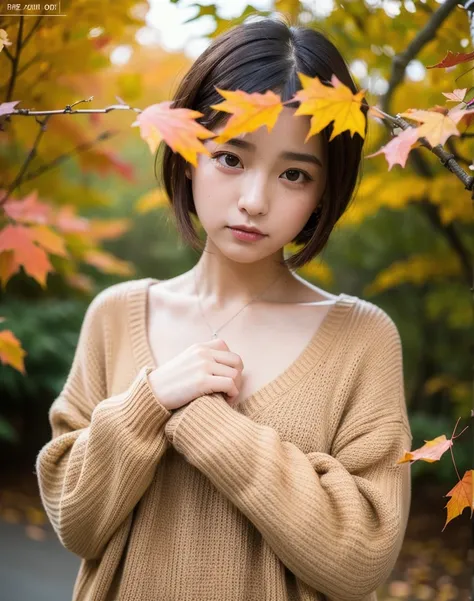 (4k, RAW photo, best quality, masterpiece:1.2),japanese,1girl,autumn leaves, looking at viewer,(sad:1.3),tears drop,oversized sweater, 