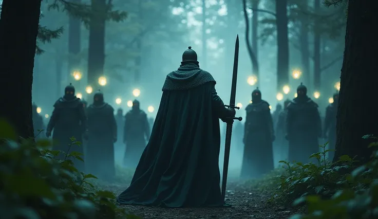 ultraHD image of The soldiers and the king encountering glowing orbs and ghostly figures in the forest. The king stands firm, shielding his army while holding a sword, showing his bravery against the supernatural forces.