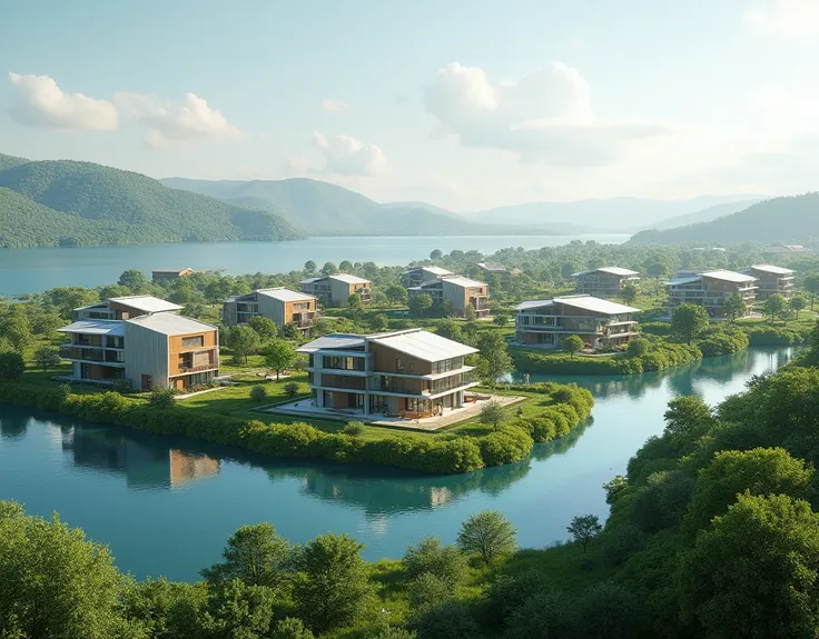  A render of the future development with houses departments,Non-futuristic buildings and green areas with panoramic view in horizontal format,  idyllic large lake in the background, flat natural landscape , ((photo realistic:1.6)), cinematic