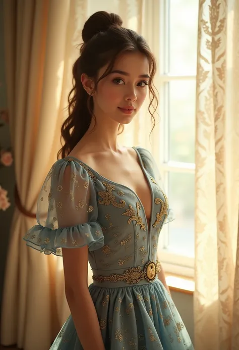 A beautiful 18-year-old girl stands gracefully, wearing a stunning blue and gold patterned dress. The dress features a keyhole cutout at the chest and a delicate ruffled apron-like detail around the waist. She is indoors, bathed in soft, warm lighting that...