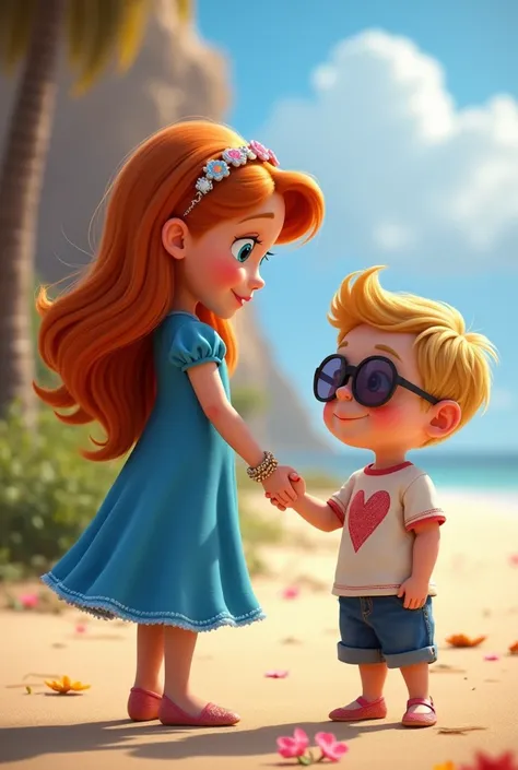 Style disney pixar avec une fille au cheveux chatin boucle mi long avec une robe bleu courte, elle a des lunette carré, des bracelets en or en poignet , elle est debout vue de profil a cote elle tien la main a un garcon blond cheveux sur le coté lisse yeux...