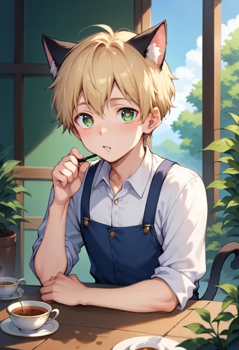 male　Short Hair　Blonde　 green eyes　 slender　Cat ears　Tail　bL　 heart eyes 　 big eyes　noble　garden　Tea Ceremony　whole body　Black tea　 table 