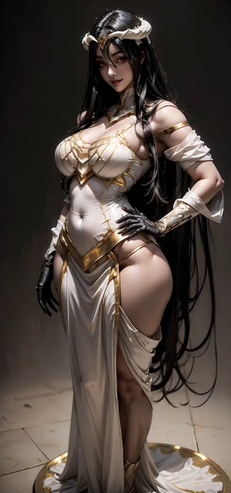 A (super realistic) beautiful sexy woman(albedo _overlord) with (glossy orange eyes) and white attire(detailed with perfect sharpness ) with gold jewellery on sexy breast, beautiful  breast(perfect shape and size), black long beautiful hair, hyper detailed...