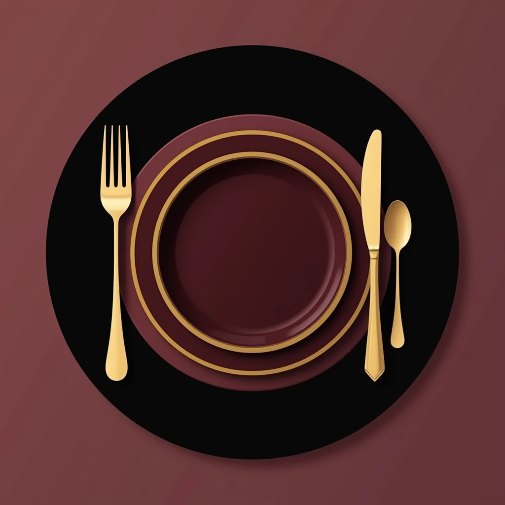 A stylish, sophisticated, and modern logo design featuring elegant tableware elements: a refined plate, graceful cutlery. The color palette includes deep burgundy, gold, and black, creating a luxurious and polished appearance."