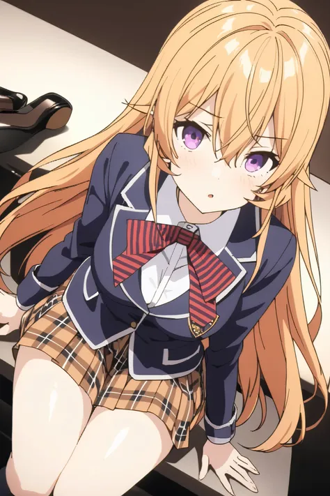 NSFW,masterpiece, top quality , high res, very detailed,Elina Nakiri 、 long hair、 orange hair、 purple eyes、 hair between eyes , skirt、 knee socks、ribbon、uniform、 jacket、プリーツ skirt、shoes、黒 knee socks、 absolute domain、 check pattern 、 check pattern  skirt、 b...