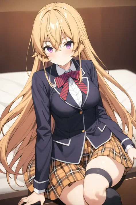 NSFW,masterpiece, top quality , high res, very detailed,Elina Nakiri 、 long hair、 orange hair、 purple eyes、 hair between eyes , skirt、 knee socks、ribbon、uniform、 jacket、プリーツ skirt、shoes、黒 knee socks、 absolute domain、 check pattern 、 check pattern  skirt、 b...