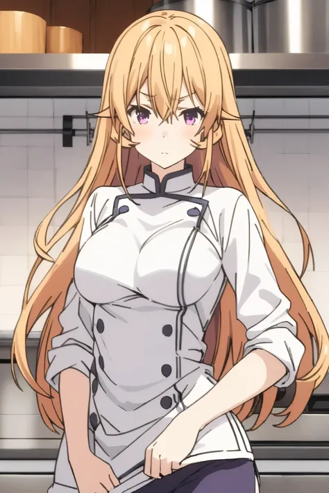 NSFW,masterpiece, top quality , high res, very detailed,Elina Nakiri 、 long hair、 orange hair、 purple eyes、 hair between eyes ,underpants、白underpants、chef、 Long Sleeve 、 thing with rolled up sleeves ,kitchen