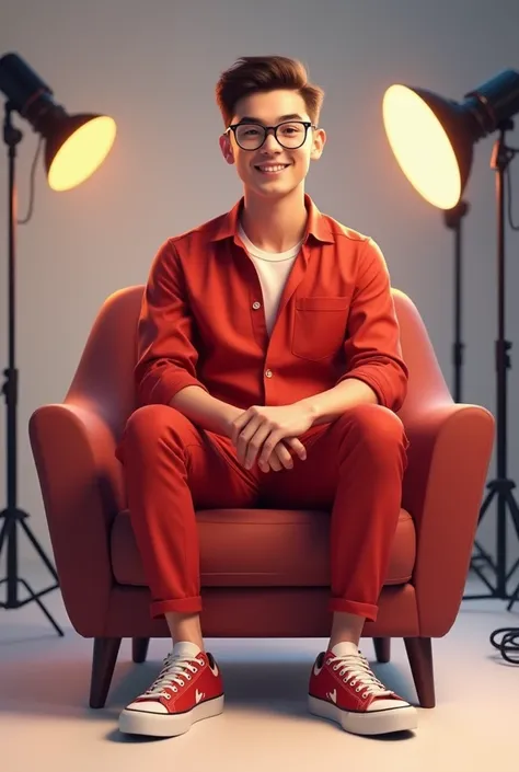  Create realistic digital illustrations in HD quality 8K ,  featuring a male marketing professional with a cheerful face, wearing a red jumpsuit ,  short hair,  sitting on a sofa chair ,  with round white glass black frame glasses and modern sneakers.  The...