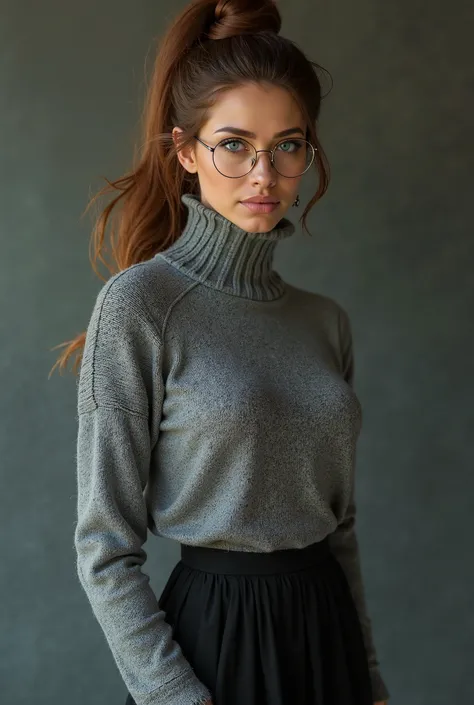 a woman with brown hair tied in an elegant bun. round glasses, eyes with blue pupils. gray sweater that shows her face. a long skirt and slightly high heels. large breasts.