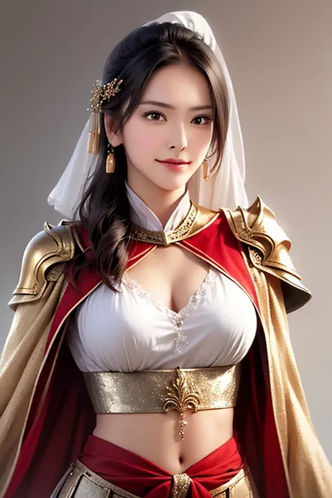 ((The upper body of a female warrior wearing gold and red armor and a cloak:1.4)),1 person,  black hair,  belly shortcut   ,Big breasts and cleavage,  high-definition face and skin texture  ,  staring at the camera,   Chinese Warrior:1.2,  perfect beauty: ...