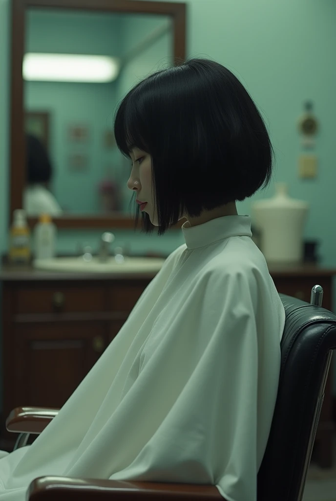  One Girl ,  black hair,super short bob cut hair,  Im wearing a white poncho for a haircut ,  sitting on a barber chair with her back stretched out,  inside an old Showa retro barber shop , Mental Silence , Transcendent Silence,  absurd ,anxiety、regret、  h...