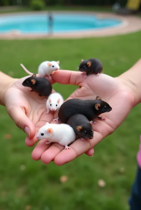  10 s playing with white and black pet mice.  Theyre on a very large lawn ,  with a pool behind .  The little mice are around the s , on top of the s , And on the hands .  Theyre all laughing a lot ! 