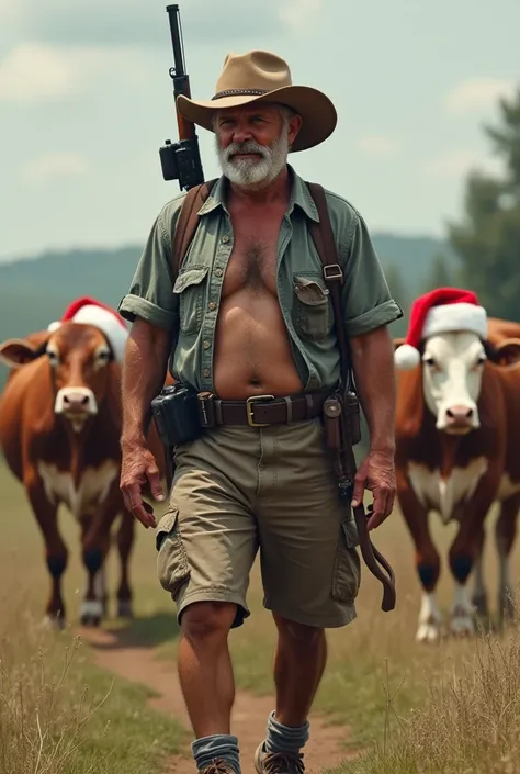 a middle aged farmer no beard wearing shorts clothes brown and farmer hat security patrolling holding a two way radio and riffle and cows with christmas hats on