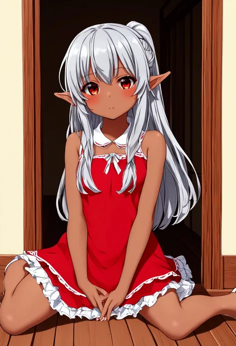 Elf loli, dark skin, silver hair, short red dress, loli girl, girl, house room, hot day, summer day, heat girl, hottie, loli.