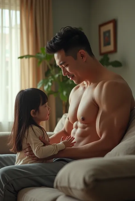 a Korean father with sixpack, while his daughter sits on the sofa