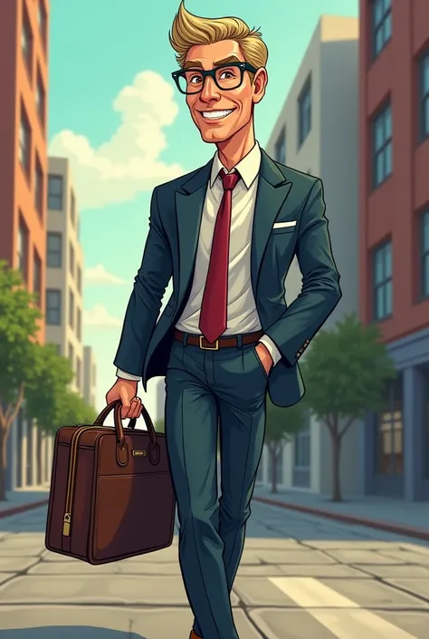  Comic-type gentleman elegant skin and light hair, brown eyes with glasses,  Profiled nose,  smiley mouth with thin lips ,  real estate seller , with briefcase in his hand ,  walking sideways  