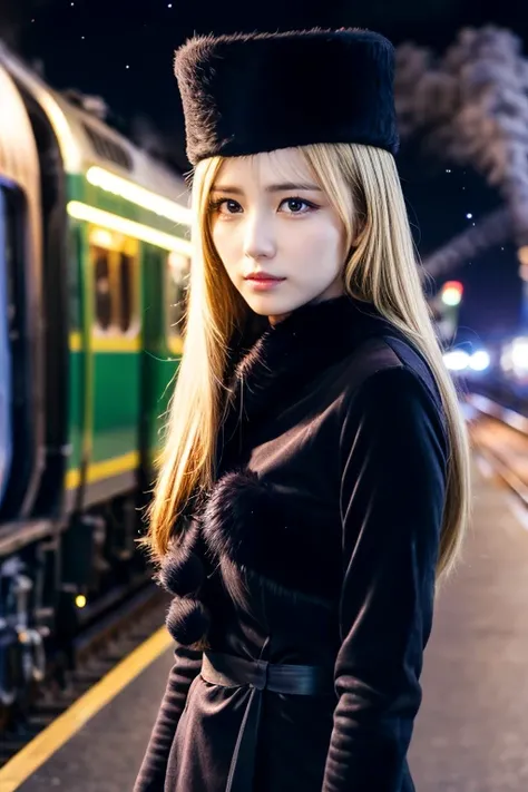  top quality ,  high image quality,,  RAW photo,  realistic ,  unbelievably ridiculous,  very detailed, delicate,  A flashy and dynamic depiction ,  Galaxy Express 999, material,  long hair, Blonde,  ãÃ¼ãÃÃ¤Ã³, Black Hat, Fur is,  dress,  dynamic angle、Bea...