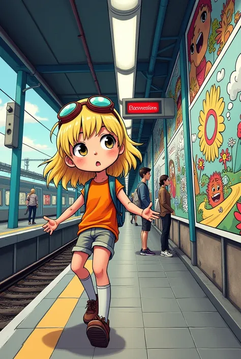 Blond girl with goggles on top of her head, Draw a comic strip on the wall at the station