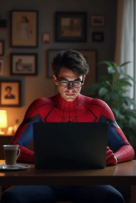  home.Spiderman is sitting in front of his laptop at home.