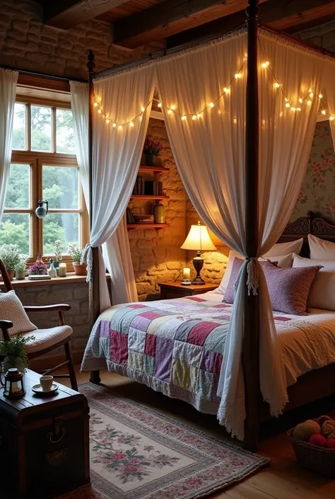 The cozy bedroom is a magical nighttime retreat, brimming with charm and vibrant details that make it feel alive with cottagecore warmth.At its heart is a rustic four-poster bed with curtains,its weathered wooden frame draped in sheer,gauzy curtains tied b...