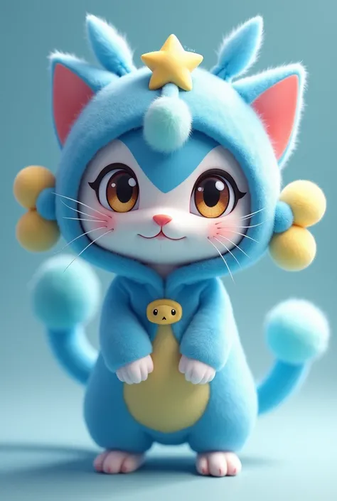 cute cat in a Jirachi costume,  blue double sided hair ribbon with sharp expressive eyes standing up 