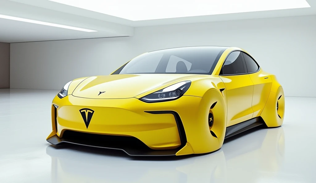 A captivating and futuristic image of the (2025 Tesla Model Y) is displayed in a luxurious white showroom. The car is painted in a striking vibrant (yellow)hue, emphasizing its sleek, aerodynamic design with bold accents that highlight the cutting-edge inn...