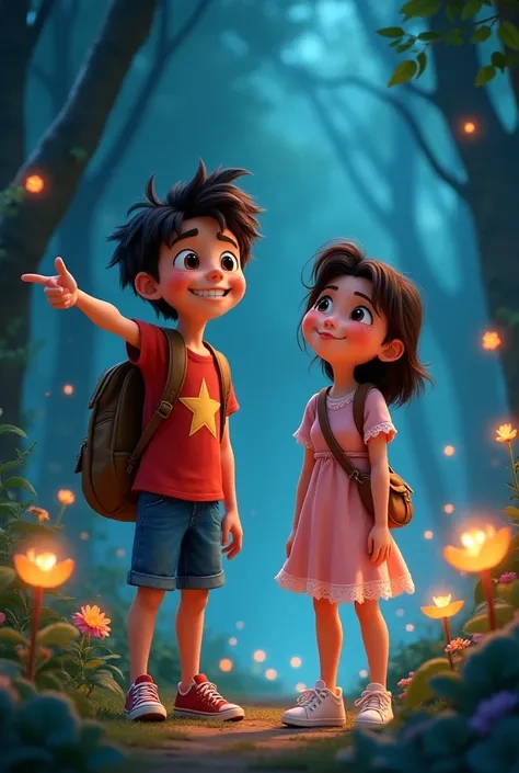 "Boy and Elsa, two  ren, exploring a magical forest filled with glowing plants and fireflies. Boy has a mischievous grin and is pointing excitedly at something in the distance. He has a round face, curious brown eyes, freckles, and messy dark brown hair. E...