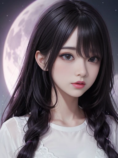 background（Black night sky，Big Moon），Close-up of a woman，Wearing a white shirt、Purple Hair，Very long hair，Very thick braids，Purple Eyes，Large target ， Realistic girl rendering, 8k Artistic German Bokeh, Enchanting girl, Real girl, Gurwitz, Gurwitz-style ar...